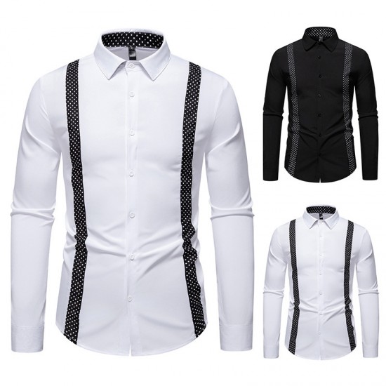2025 New Fashion Men's Black and White Dotted Colorblock Design: Casual Long-Sleeved Shirt