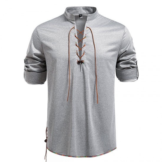 2025 European New Men's Drawstring Stand Collar Fashion Casual Long-Sleeved T-Shirt