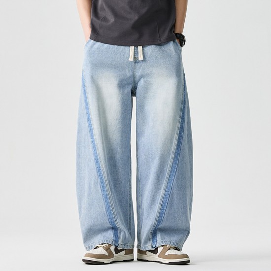 2025 Autumn/Winter New Style Retro American Jeans: Men's Elastic Waist Plus-size Straight-leg Casual Wide-leg Pants