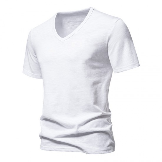 European Size Spring/Summer Men's Bamboo Cotton V-neck Short-sleeved T-shirt: Casual Solid Color Base Shirt