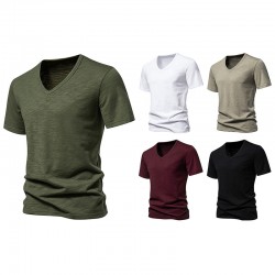 European Size Spring/Summer Men's Bamboo Cotton V-neck Short-sleeved T-shirt: Casual Solid Color Base Shirt