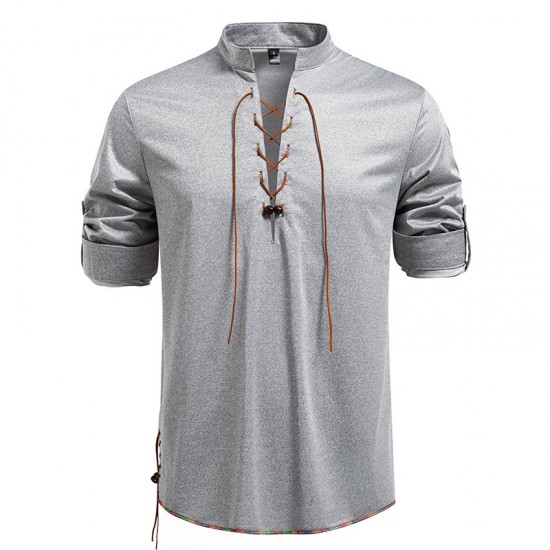 2025 European New Men's Drawstring Stand Collar Fashion Casual Long-Sleeved T-Shirt