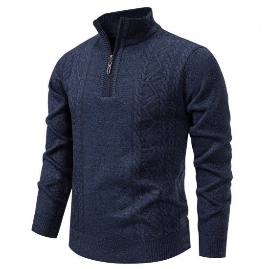 2025 European Size Autumn/Winter New Men's Casual Jacquard Sweater: Stand Collar Zipper Pullover