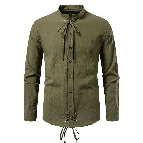 2025 European New Medieval Pirate Drawstring Men's Cotton and Linen Casual Long-Sleeved Shirt