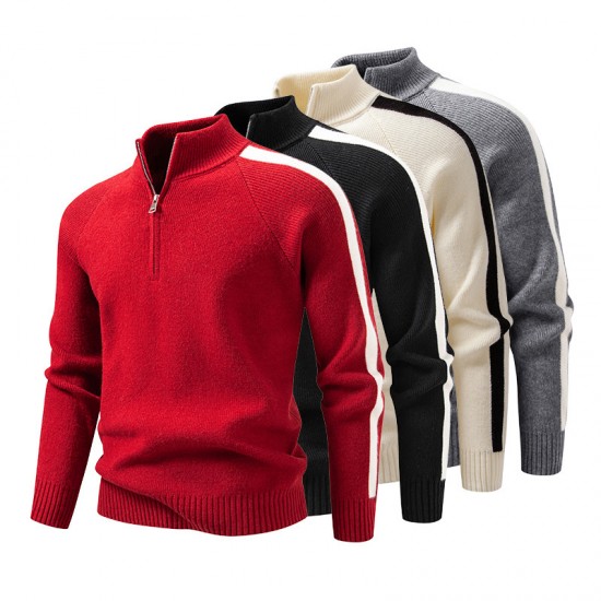 2025 Autumn/Winter New Men's Color-Block Sweater: Oversized Stand-Up Collar Half-Zip Jacket