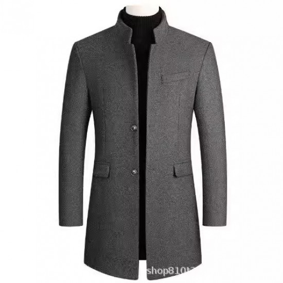 2025 Men's Autumn and Winter: Thickened Woolen Coats, Mid-length Stand-Up Collar Casual Coats
