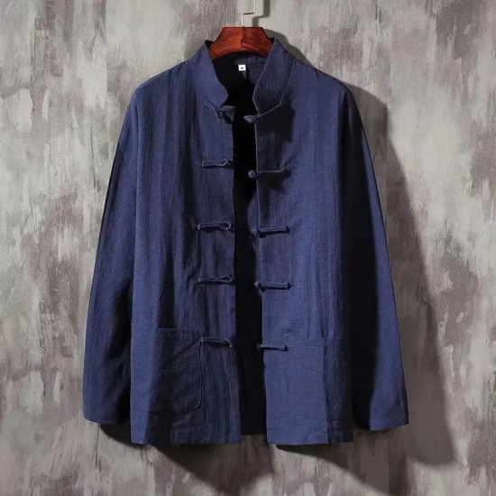 Spring/Autumn Style Men's Buttoned Cotton and Linen Shirt: Stand Collar Retro Top, Linen Long-Sleeved Shirt