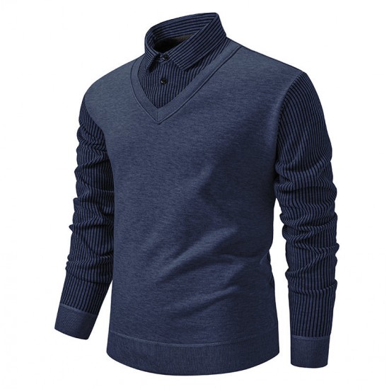 Men's Autumn/Winter Casual Plus-fleece Shirt: Long-sleeved Fake Two-piece Sweater, Colorblock Slim-fitting Sweater