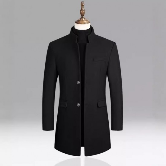 2025 Men's Autumn and Winter: Thickened Woolen Coats, Mid-length Stand-Up Collar Casual Coats