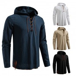 2025 European Size New Men's Drawstring Hooded Cotton and Linen Casual Long-Sleeved Shirt