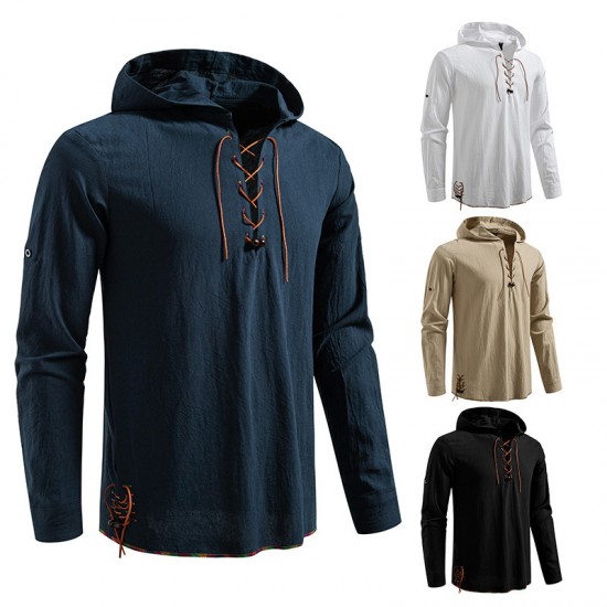 2025 European Size New Men's Drawstring Hooded Cotton and Linen Casual Long-Sleeved Shirt
