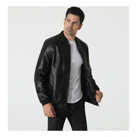Men's Autumn New Style Simple Solid Color Leather Jacket: Large Size Casual Stand-up Collar Leather Jacket