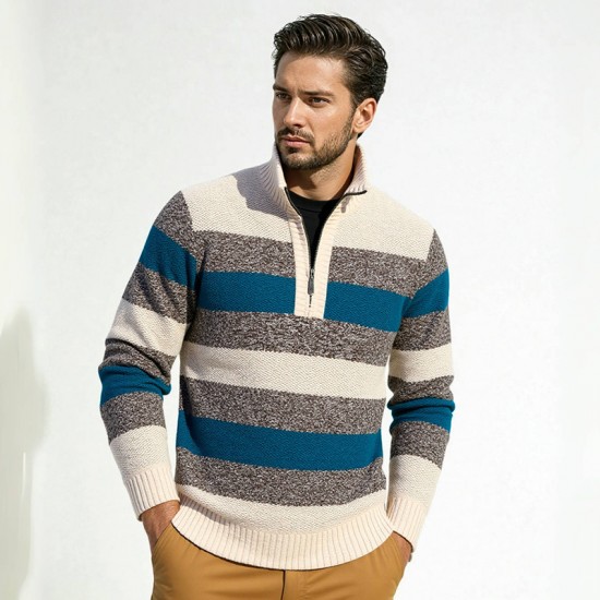 2025 Autumn New Men's Half-Zip Fleece Striped Sweater: Casual Knit Sweater