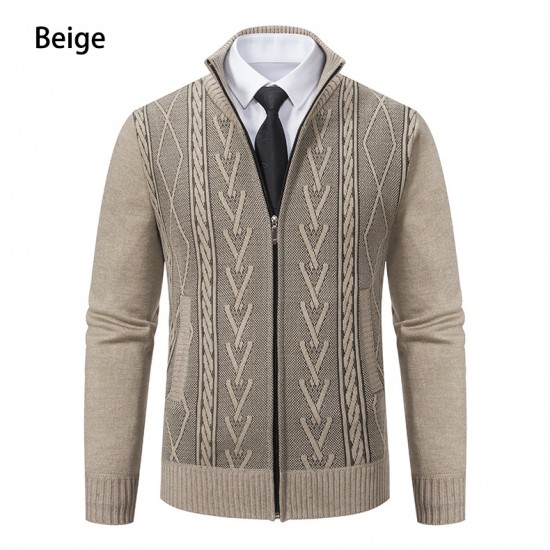 New Men's Autumn/Winter Stand-up Collar Sweater: Jacquard Jacket, Thickened Warm Casual Sweater