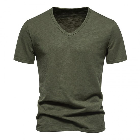 European Size Spring/Summer Men's Bamboo Cotton V-neck Short-sleeved T-shirt: Casual Solid Color Base Shirt
