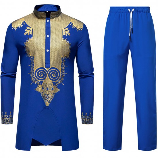 2025 Spring/Summer European and American Men's New Middle Eastern Style Robe: Gold Stamping Print Casual Suit