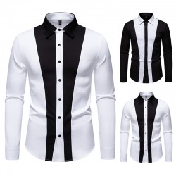 2025 European Size New Men's Black and White Patchwork Lapel Casual Long-Sleeved Shirt