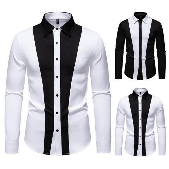 2025 European Size New Men's Black and White Patchwork Lapel Casual Long-Sleeved Shirt