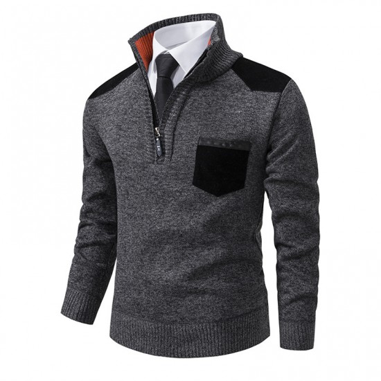 Autumn/Winter New Men's Zipper Stand-up Collar Pullover Knitted Sweater: Casual Colorblock Thickened Sweater