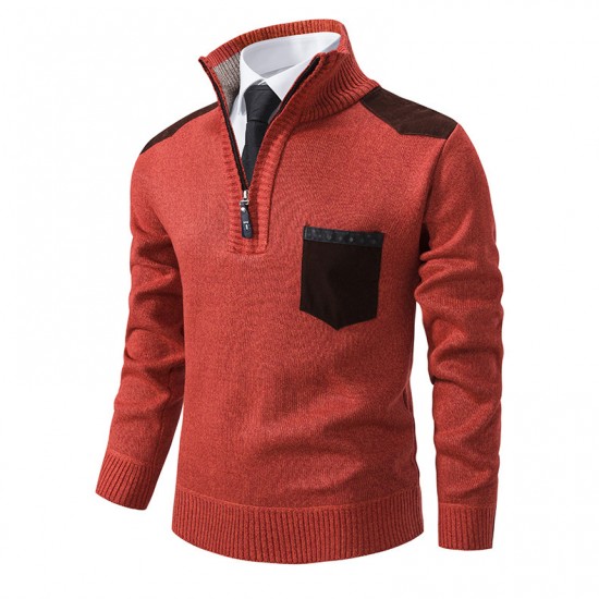 Autumn/Winter New Men's Zipper Stand-up Collar Pullover Knitted Sweater: Casual Colorblock Thickened Sweater