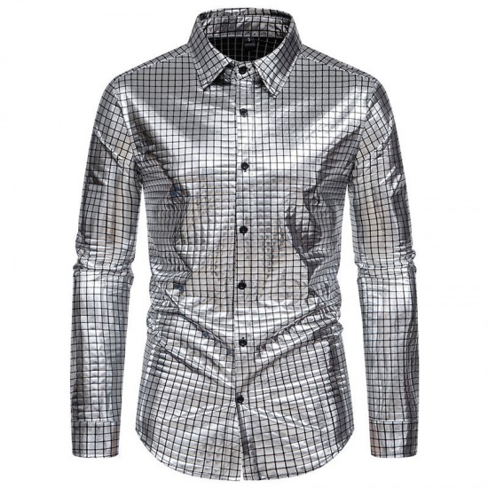 New Men's Casual Checkered Gold Stamping Stage Costume: Banquet Fashion Long-sleeved Shirt