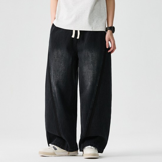 2025 Autumn/Winter New Style Retro American Jeans: Men's Elastic Waist Plus-size Straight-leg Casual Wide-leg Pants