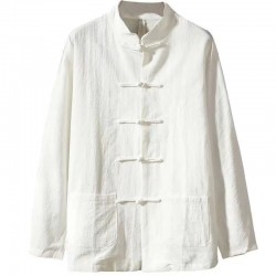 Spring/Autumn Style Men's Buttoned Cotton and Linen Shirt: Stand Collar Retro Top, Linen Long-Sleeved Shirt