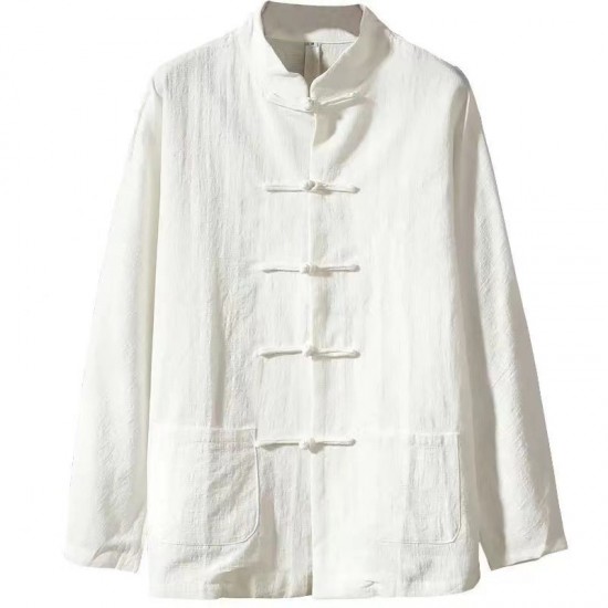Spring/Autumn Style Men's Buttoned Cotton and Linen Shirt: Stand Collar Retro Top, Linen Long-Sleeved Shirt