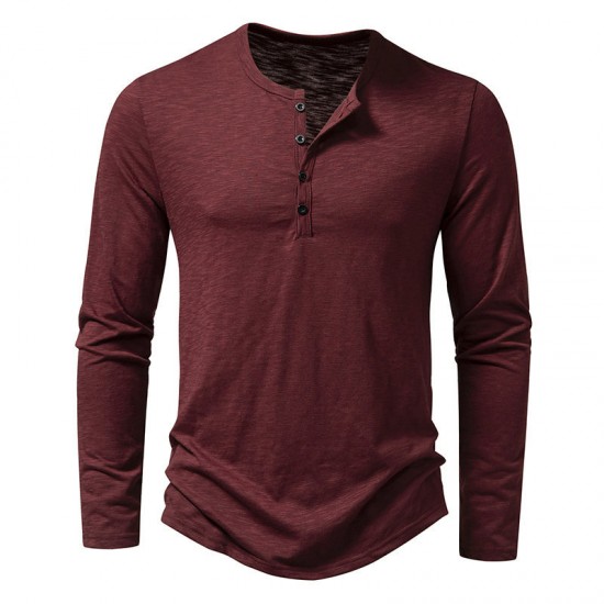 Spring/Autumn: Men's Bamboo Cotton Henley Collar Solid Color Men's Casual Fashion Long-Sleeved T-Shirts