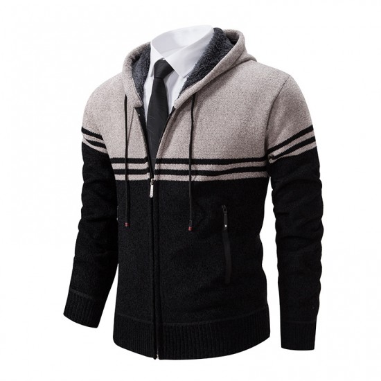 Men's Color-blocked Casual Long-sleeved Sweaters: Popular Collection Fashionable Hooded Cardigan Sweater Jacket