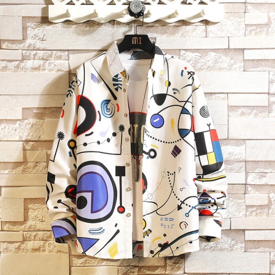 2025 Autumn/Winter New Men's Casual Floral Nightclub Style Long-Sleeved Shirt: Loose Plus-Size National Trend Long-Sleeved Shirt