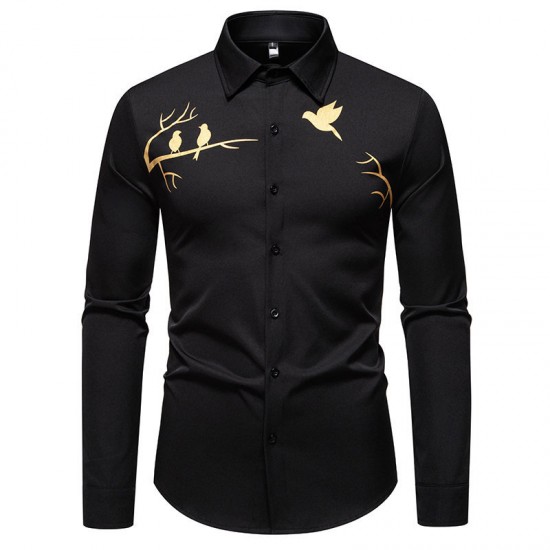 2025 European Size New Men's Slim Lapel Printed Casual Long-Sleeved Shirt