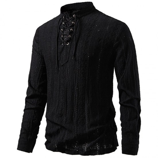 2025 European Size New Tie-Strap V-Neck Long Sleeve Shirt: Men's Luxury Jacquard Breathable Top
