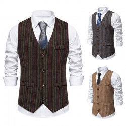 New Men's Retro Color Striped Design Trendy Single-Breasted Suit Casual Vest