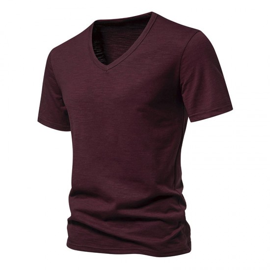 European Size Spring/Summer Men's Bamboo Cotton V-neck Short-sleeved T-shirt: Casual Solid Color Base Shirt