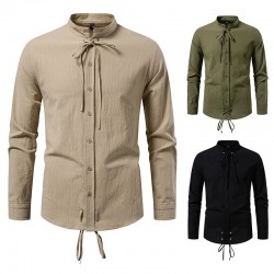 2025 European New Medieval Pirate Drawstring Men's Cotton and Linen Casual Long-Sleeved Shirt
