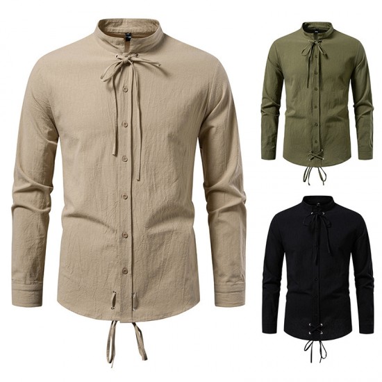 2025 European New Medieval Pirate Drawstring Men's Cotton and Linen Casual Long-Sleeved Shirt