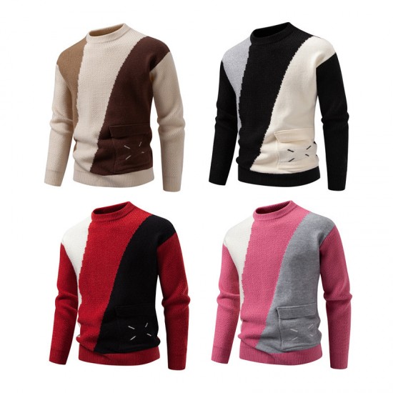2025 Autumn and Winter New Men's Color-Blocked Sweater: Round Neck, Pocket Casual Pullover