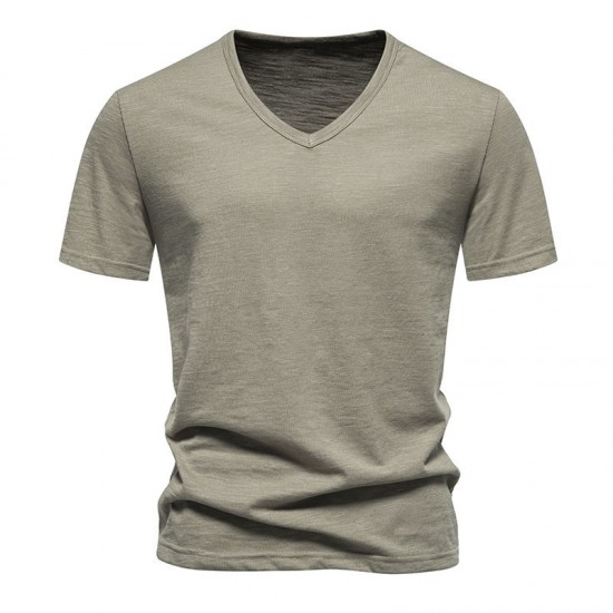 European Size Spring/Summer Men's Bamboo Cotton V-neck Short-sleeved T-shirt: Casual Solid Color Base Shirt