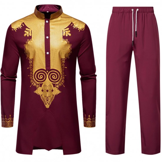 2025 Spring/Summer European and American Men's New Middle Eastern Style Robe: Gold Stamping Print Casual Suit