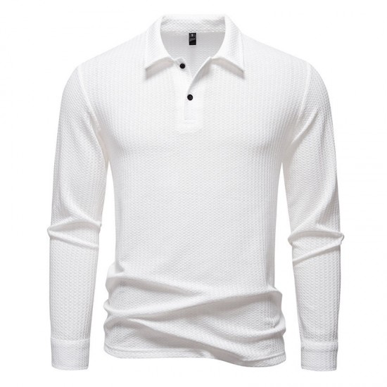 2025 European-sized New Men's Waffle Long-Sleeved Lapel T-Shirt: Simple Casual Polo Shirt