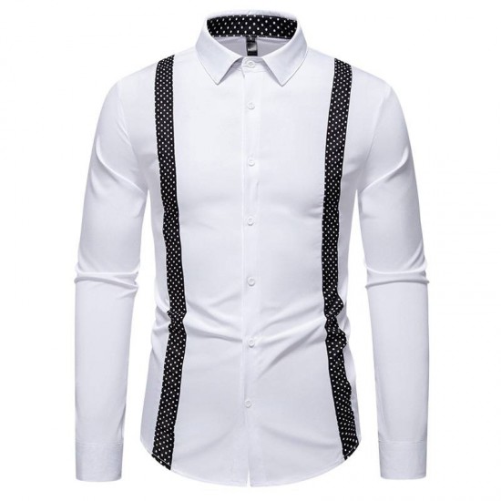 2025 New Fashion Men's Black and White Dotted Colorblock Design: Casual Long-Sleeved Shirt