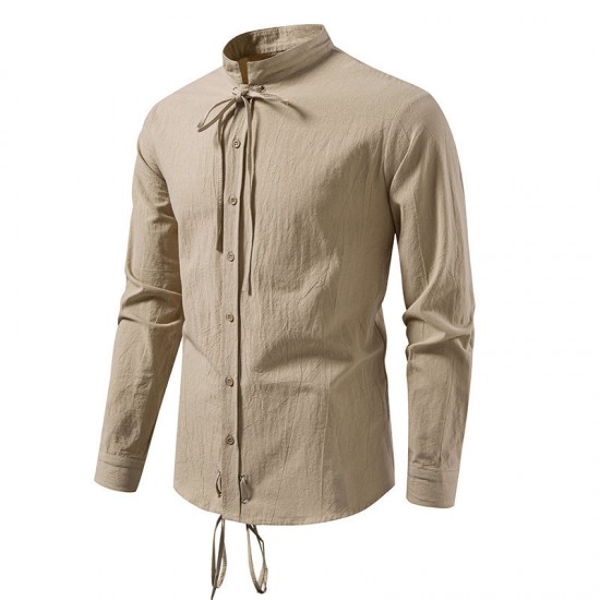 2025 European New Medieval Pirate Drawstring Men's Cotton and Linen Casual Long-Sleeved Shirt
