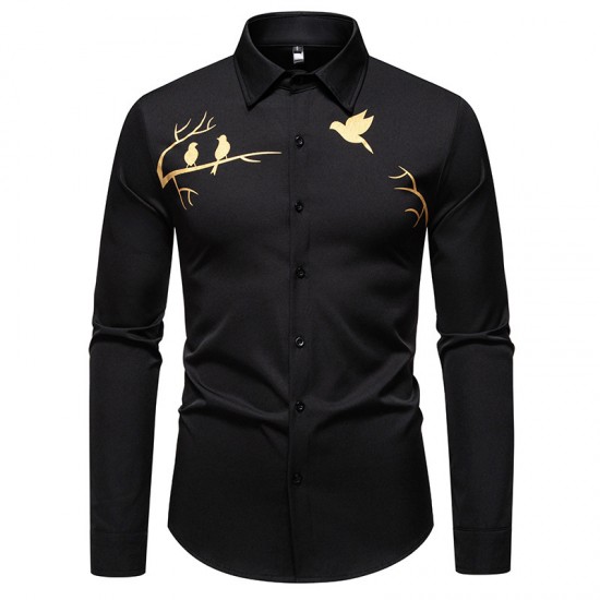 2025 European Size New Men's Slim Lapel Printed Casual Long-Sleeved Shirt