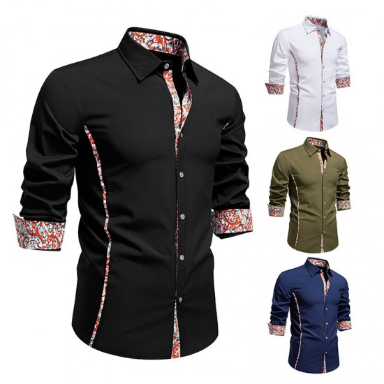 2025 European Size Autumn New Men's Paisley Pattern Colorblock Casual Long Sleeve Shirt