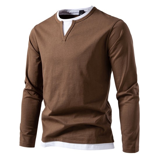 European Size 2025 Men's Colorblock Casual Fake Two-Piece Long-Sleeved T-Shirt: Loose Pullover, European and American Men's Clothing