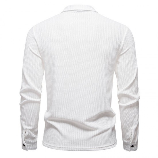 2025 European-sized New Men's Waffle Long-Sleeved Lapel T-Shirt: Simple Casual Polo Shirt
