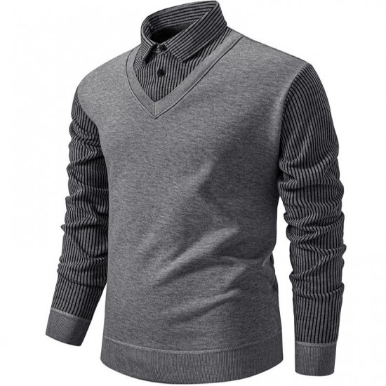 Men's Autumn/Winter Casual Plus-fleece Shirt: Long-sleeved Fake Two-piece Sweater, Colorblock Slim-fitting Sweater