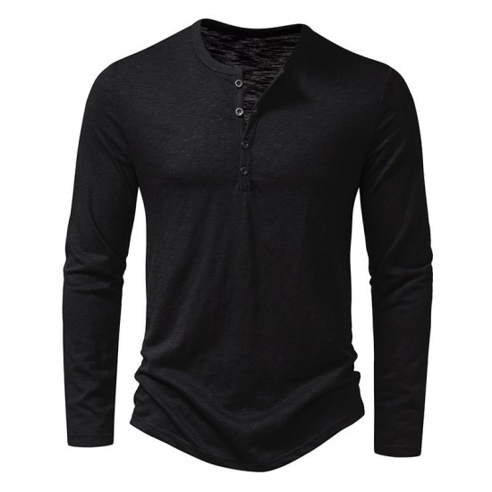 Spring/Autumn: Men's Bamboo Cotton Henley Collar Solid Color Men's Casual Fashion Long-Sleeved T-Shirts