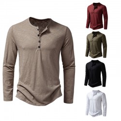 Spring/Autumn: Men's Bamboo Cotton Henley Collar Solid Color Men's Casual Fashion Long-Sleeved T-Shirts